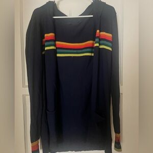 Navy Blue Striped Women's Sweater with Hood